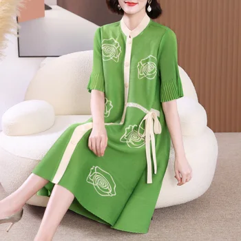 Miyake Высококачественное Изысканное Плиссированное Платье Для мамы Среднего возраста, Летняя Одежда, Благородная Леди, Модное Свободное Платье-рубашка Большого Размера