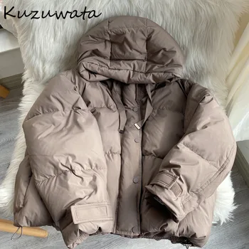 Kuzuwata 2023 Зимние Женские парки Японский Темперамент Простые Толстые Теплые хлопчатобумажные пальто Короткий пуховик с капюшоном на молнии