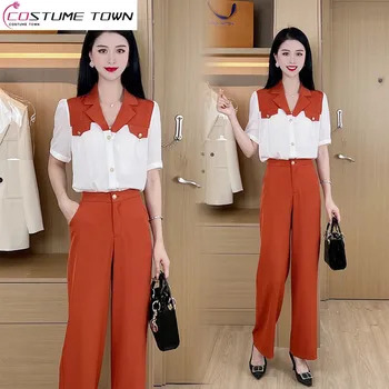 2023 Шифоновая рубашка в корейском стиле, блузка с короткими рукавами, Свободные широкие брюки, Элегантный женский брючный костюм из двух предметов, офисная одежда