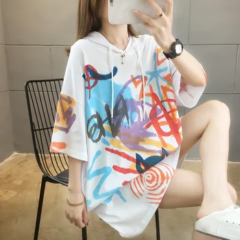2023 Новая летняя футболка с капюшоном с граффити, женская футболка средней длины в корейском стиле свободного кроя, женская футболка с коротким рукавом, женская