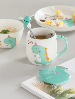 Креативная мультяшная керамическая чашка с ложкой, чашка для молока, чашка для завтрака, маленький динозавр, чашка для воды, милый набор детской посуды