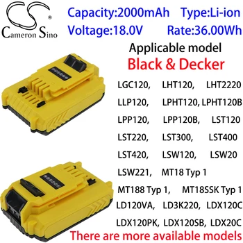 Аккумулятор Cameron Sino Ithium 2000 мАч 18,0 В для Black & Decker LCS120, LCS120B, LD120VA, LD3K220, LDX120C, LDX120PK. LDX120SB, LDX20C