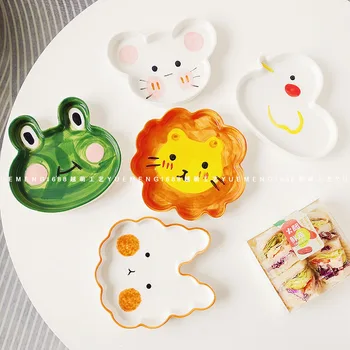 Граффити ручной работы, креативные милые животные в форме Японского льва, лягушки неправильной формы, Керамическая домашняя детская обеденная тарелка