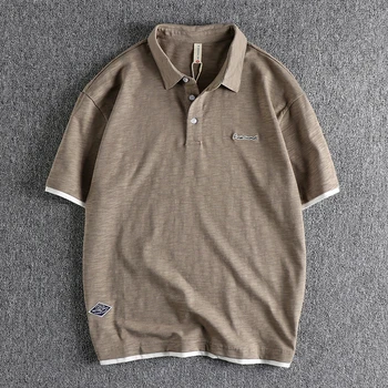 Летняя трендовая хлопчатобумажная рубашка поло с коротким рукавом из бамбукового узла, мужская цветная контрастная строчка, молодежная верхняя рубашка с отворотом 137