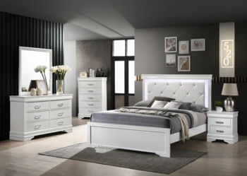 Комплект мебели для спальни с тафтинговой обивкой из светодиодов Queen 5-N Pc, выполненный из дерева в белом цвете