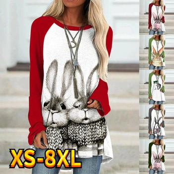 Женская футболка Catoon Rabbit С Графическим Рисунком Weekend Painting С Длинным Рукавом И Круглым вырезом, Базовые Топы Essential Tops XS-8XL