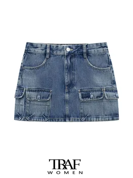 Женская мода TRAF с карманами, джинсовая мини-юбка-карго, винтажные женские юбки-миди с застежкой-молнией на талии, Mujer